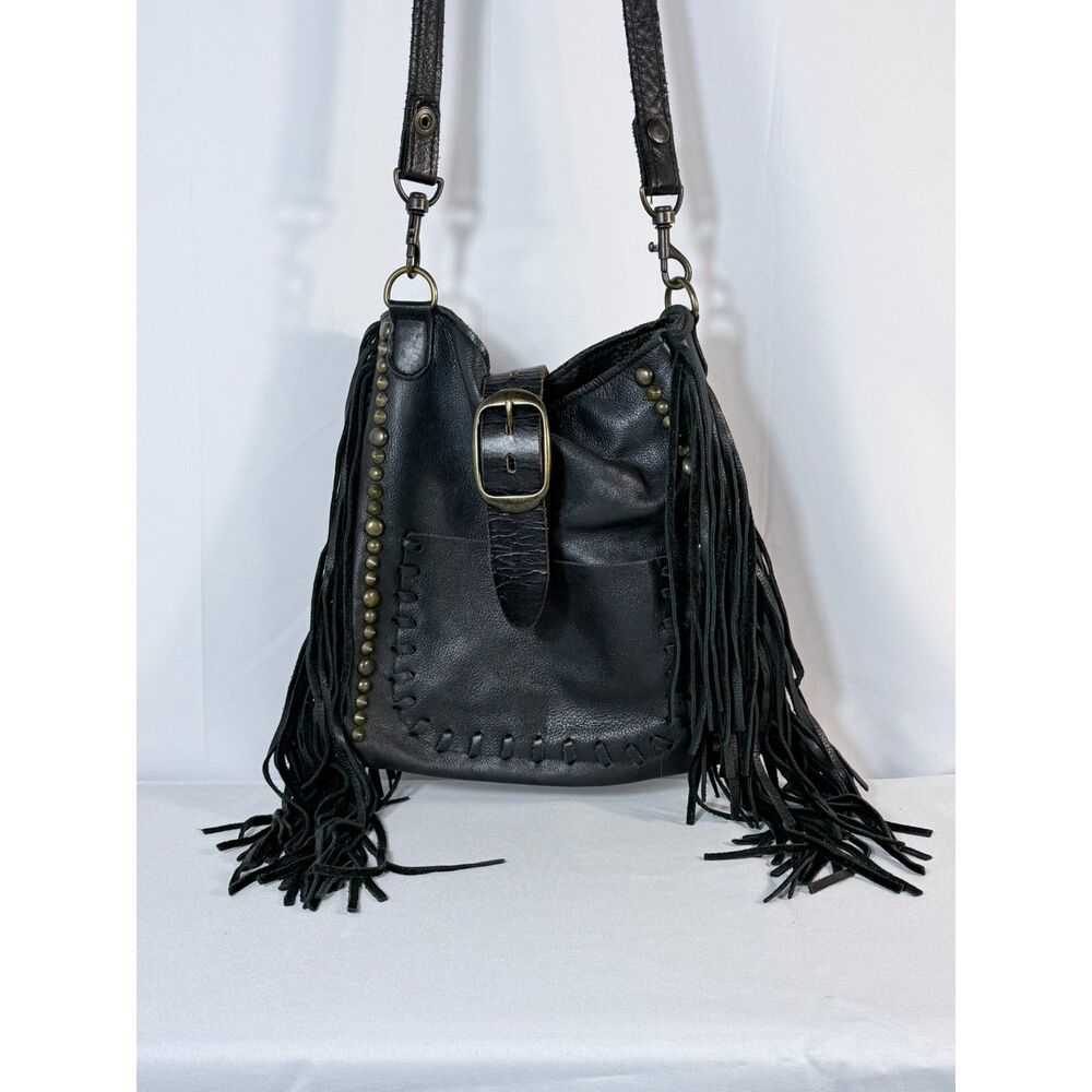 Black Soft Leather Fringe Crossbody Bag Handmade Stacy Laurie McFadin Festival